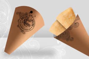 Cone à crêpes en papier cartonné imprimé avec le logo de la Crêperie "L'Armen"