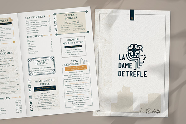 Impression et réalisation d'un menu gazette - menu revue - menu original et esprit vintage pour le restaurant La Dame de Trèfle à La Rochelle porte menu - porte revue personnalisé