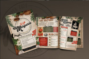 Impression et réalisation d'un menu gazette - menu revue - menu original et esprit vintage pour le restaurant Le Marguerite à Quimper porte menu - porte revue