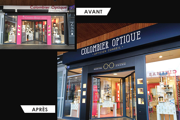 Relooking décoration personnalisée - Fabrication d'une enseigne non lumineuse pour l'Opticien Colombier Optique à Rennes - Habillage de devanture façade du magasin